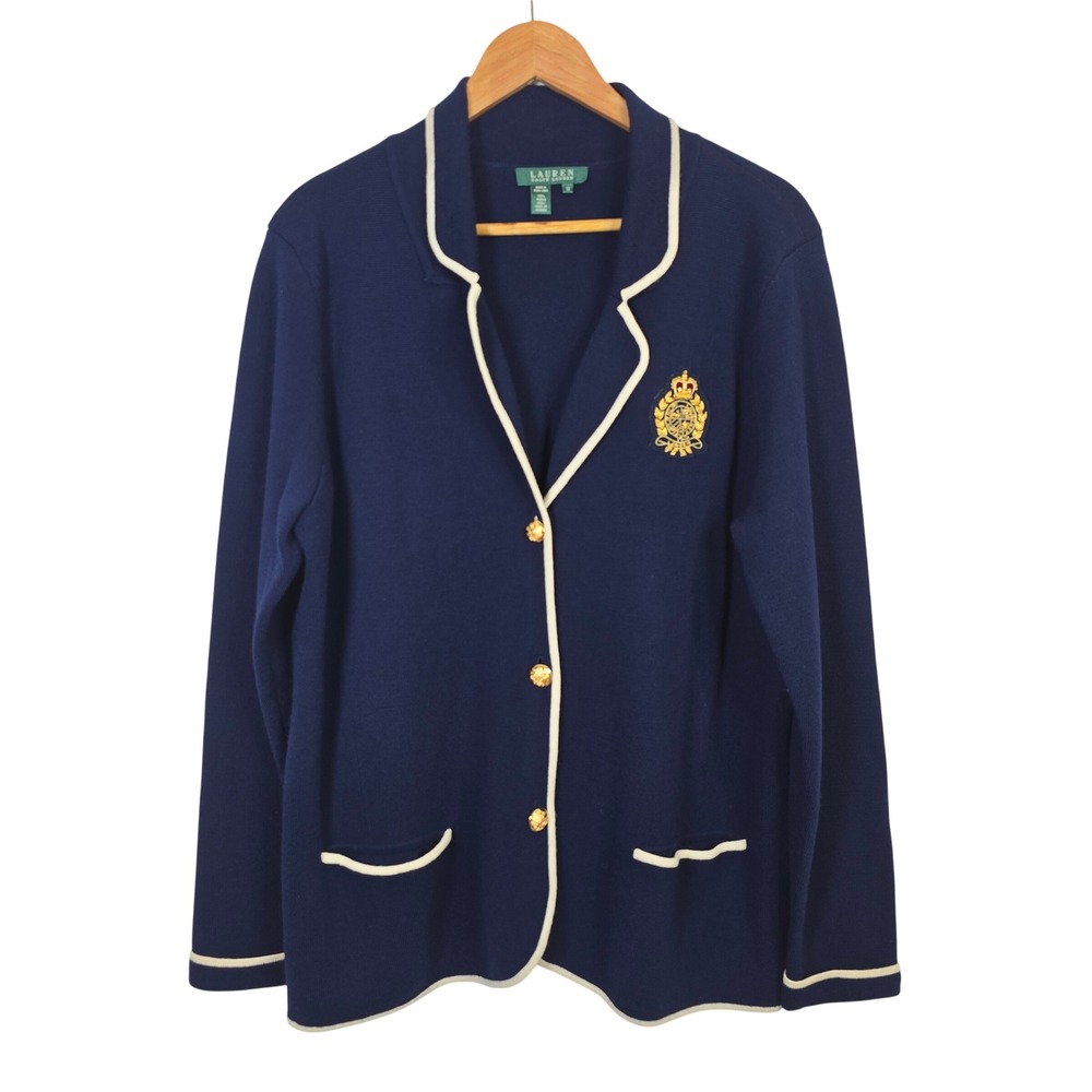Lauren Ralph Lauren Navy Merino Wool Crest Knit Blazer Cardigan 1X